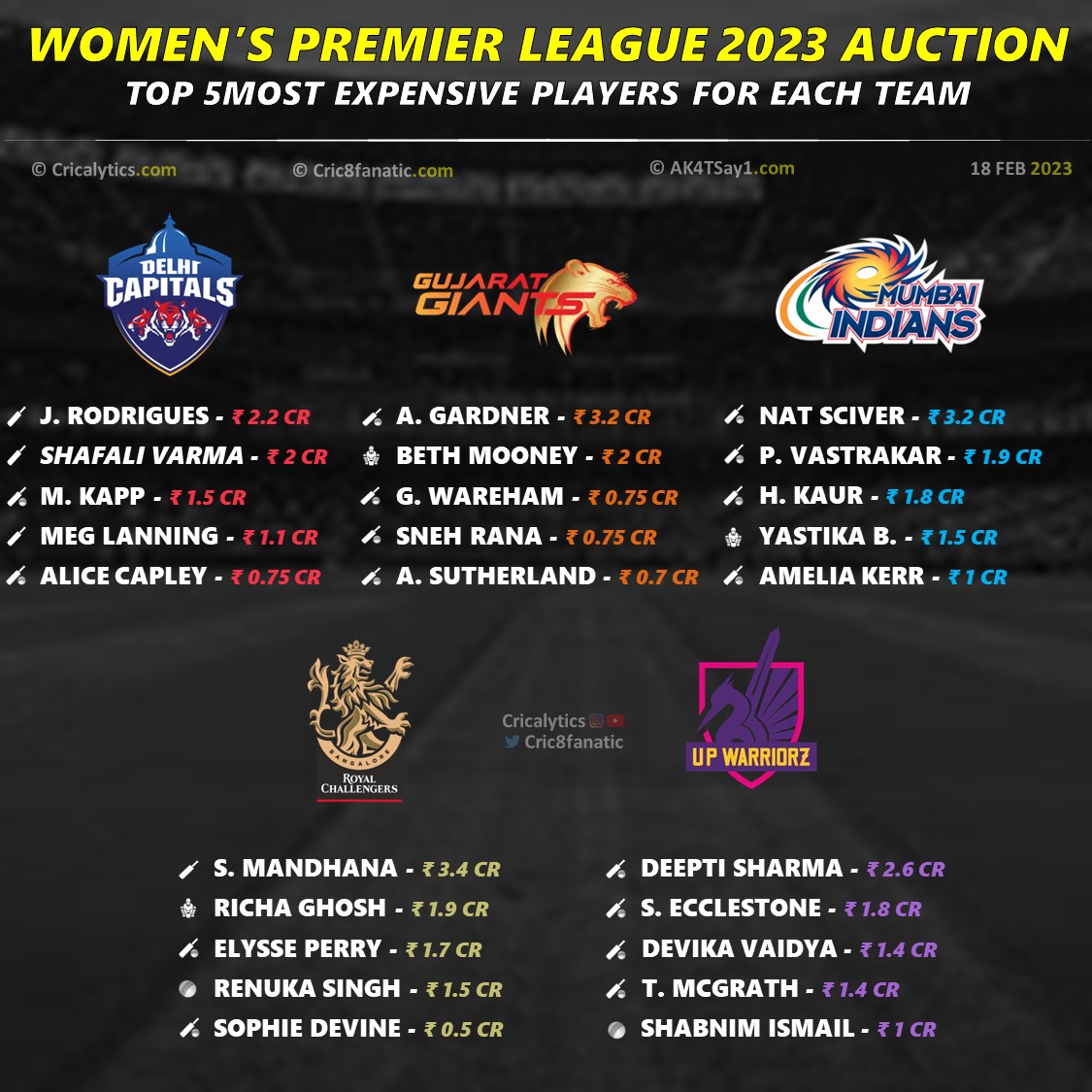 wpl 2023 all players salary details for 5 teams