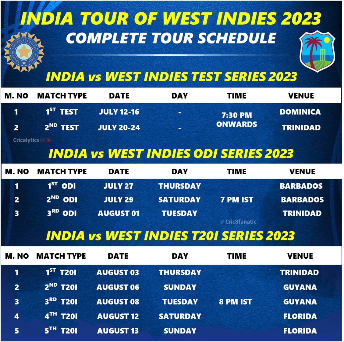 India vs West Indies 2023 Download Final Tour Series Schedule