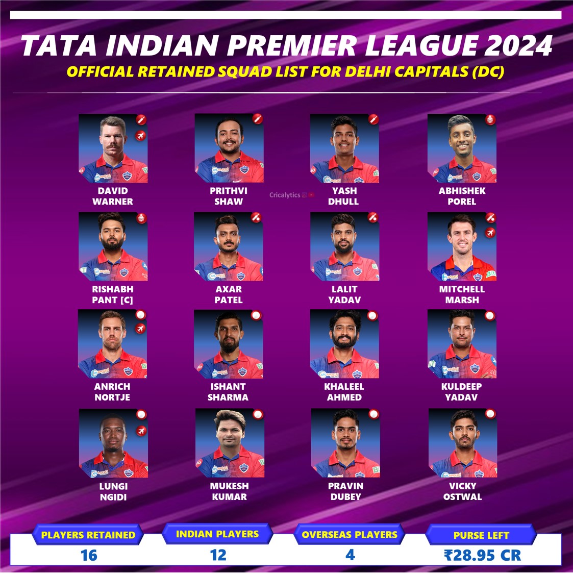 IPL 2024 Delhi Capitals Final Retained Squad Players List